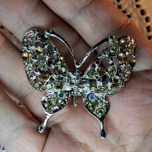Butterfly Silvertone Brooch w/ Topaz & AB Crystals